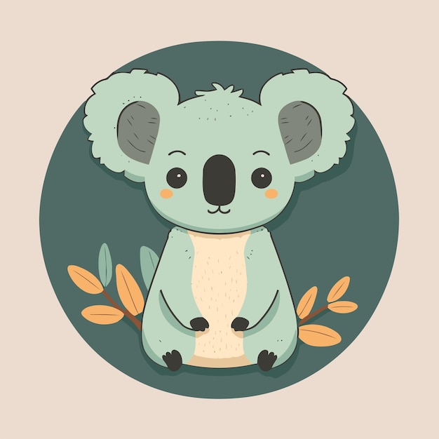 Логотип коалыМилый мультяшный коала с листьями Векторная иллюстрация в плоском стиле
