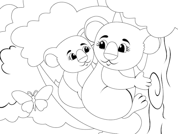 Vettore koala mamma e bambino sull'albero pagina vettoriale per bambini stampabili libro da colorare