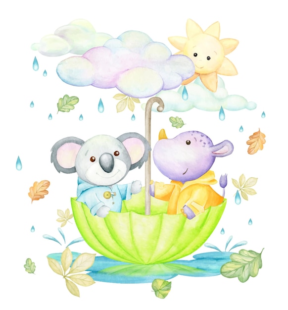 Koala, neushoorn, paraplu, regen, herfstbladeren, wolken, zon. Een aquarelconcept, in cartoonstijl