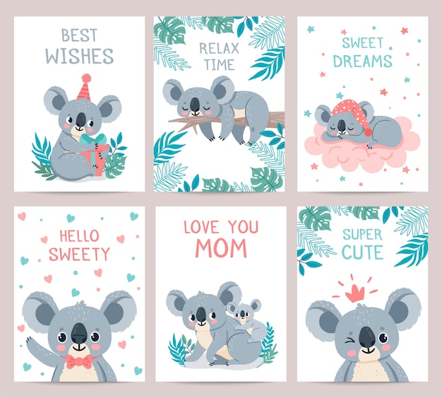 Koala posters cards. prints with cute sleeping koalas. australian baby bear hugs mother. party invitation with jungle animal, vector set. illustration card invitation party, lazy koala exotic animal