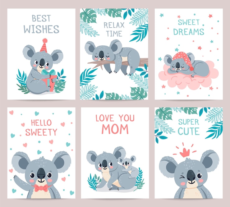 Vector koala posters cards. prints with cute sleeping koalas. australian baby bear hugs mother. party invitation with jungle animal, vector set. illustration card invitation party, lazy koala exotic animal