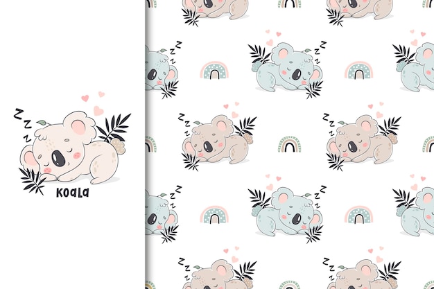 Vector koala sleep card and seamless pattern