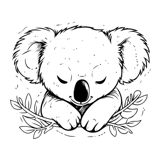 Vettore koala che dorme con foglie illustrazione vettoriale di un koala cartone animato