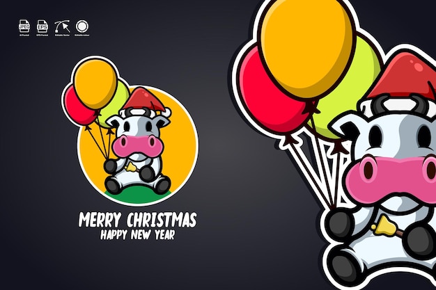 Vector koe draag ballonnen vrolijk kerstfeest
