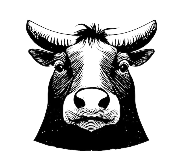 Koe hoofd portret sketch.Farming.Logo vectorillustratie.