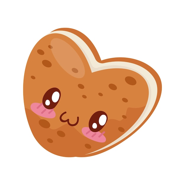 Koekje met crème hartvormige schattig Kawaii voedsel cartoon karakter vector illustratie geïsoleerd op een witte achtergrond