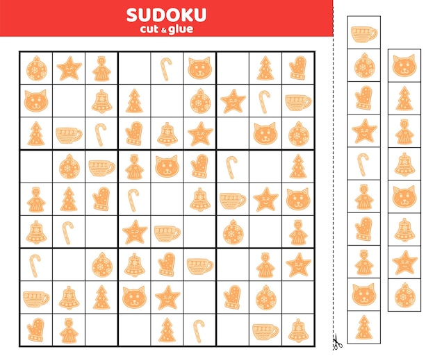 Koekje. Sudoku voor kinderen met negen kerstkoekjes. Sudoku voor kinderen. Knip en lijm