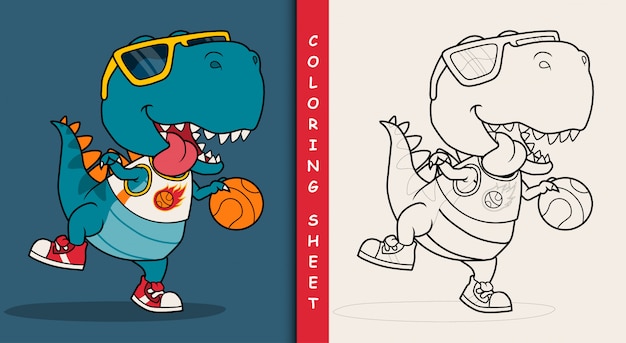 Koele dinosaurus die basketbal speelt. Kleurplaat.