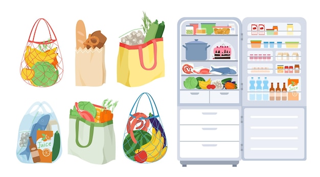 Koelkast met open deurzakken vol voedsel uit supermarkt of supermarktset