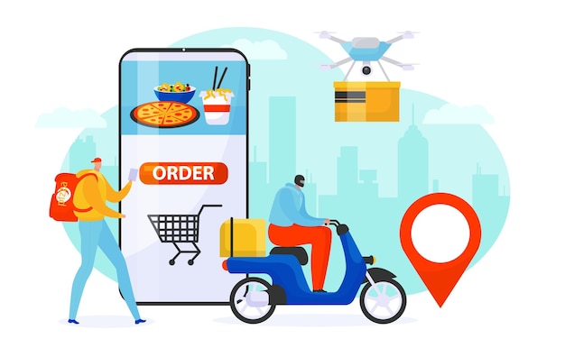 Koerier fastfood bezorgservice vector illustratie Expresbestelling verzending door man op fiets drone en transport Online plat