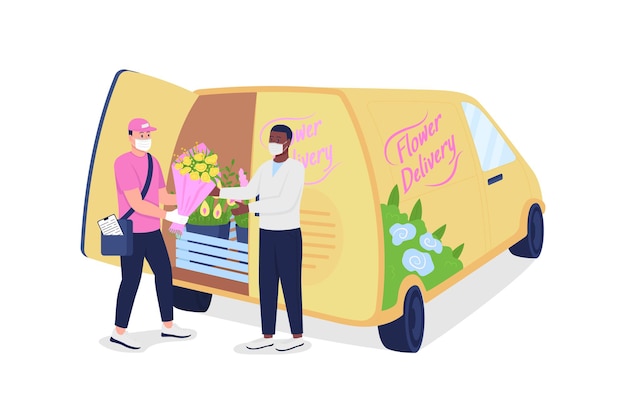 Vector koerier geeft klant bloemen in de buurt van bestelwagen met gedetailleerde karakters in egale kleur
