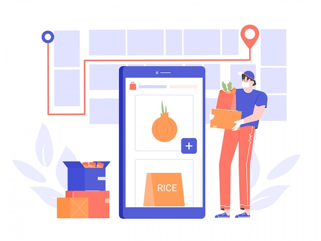 Koerier in een medisch masker levert voedsel en goederen tijdens quarantaine. bescherming tegen de verspreiding van het virus. bestel producten online via de mobiele app. vlakke afbeelding.