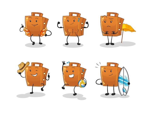 Koffer strandvakantie ingesteld karakter. cartoon mascotte vector
