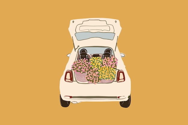 Vector kofferbak vol bloemen op gele achtergrond