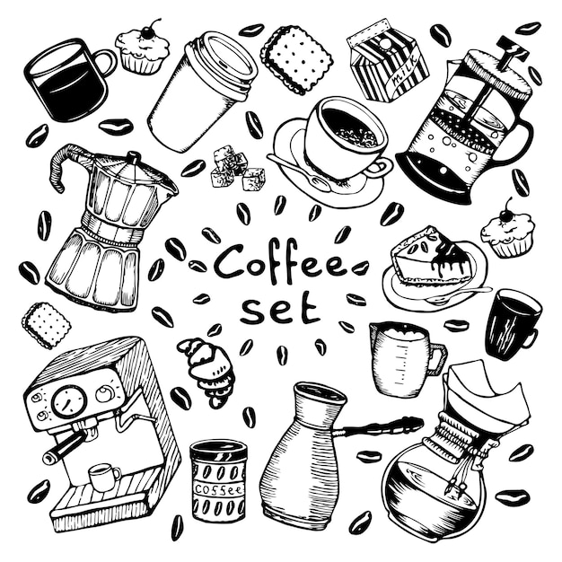 Koffie accessoires set koffie elementen doodle vectorillustraties