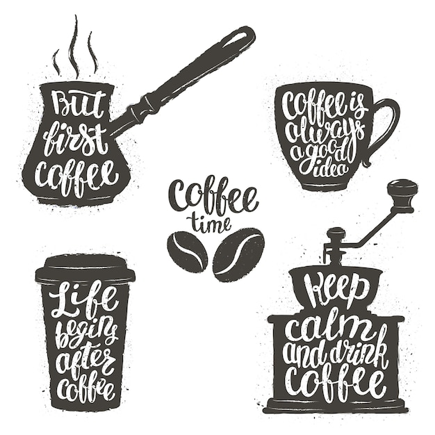 Koffie belettering in beker, grinder, potvormen.