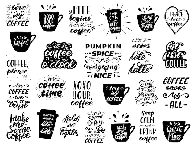 Koffie belettering set. quotes voor koffieliefhebbers.