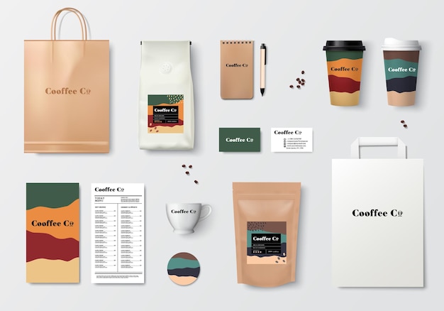 Vector koffie branding sjabloon ontwerpset realistische mockup wereldserie koffieverpakkingen vector
