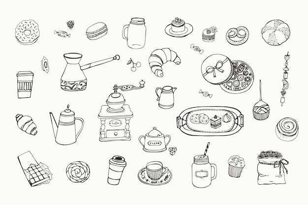 Koffie café ontbijt eten en drinken vector illustraties set