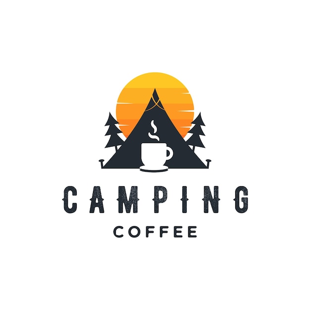 Koffie camping outdoor logo design concept Tent zonsondergang en koffiemok vintage illustratie