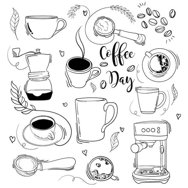Koffie dag sjabloonontwerp met hand getrokken mok en koffiezetapparaat ontwerp