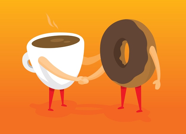 Vector koffie en donut handen schudden