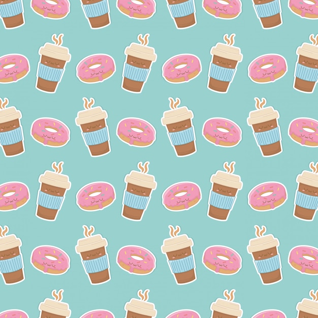 Koffie en donuts kawaii karakters patroon