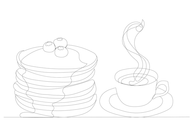 Koffie en pannenkoeken een doorlopende lijntekening schets geïsoleerde vector