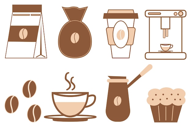 Koffie icon set Pakket koffiebonen koffiezetapparaten en een zak koffie Vectorillustratie