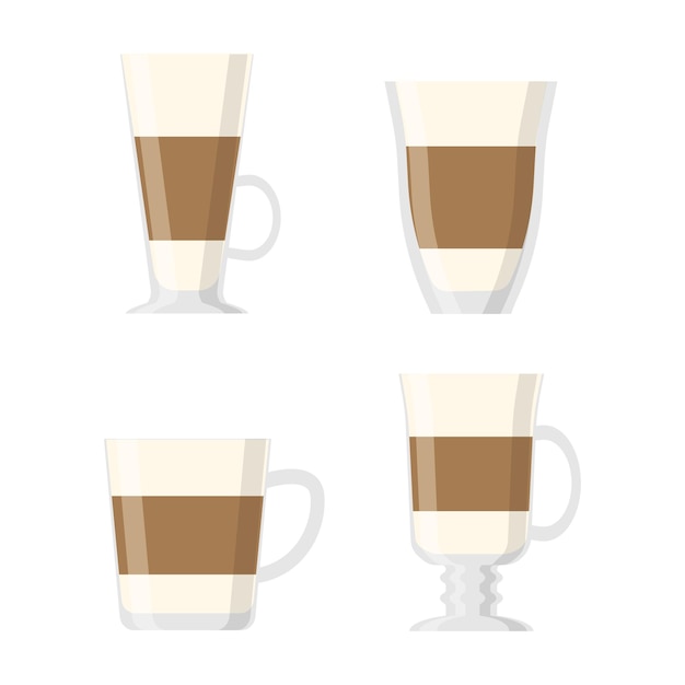 Vector koffie in vlakke stijl op witte achtergrond koffiekopje pictogram latte set