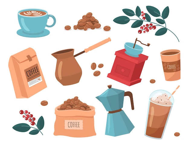 Koffie items instellen Pictogrammen voor website Beker met warme drank, koffiemolen en bonen Mochachino en cappuccino latte Aroma en drank Cartoon platte vector collectie geïsoleerd op witte achtergrond