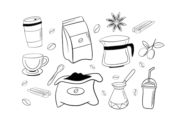 Vector koffie kleur hand getrokken collectie vector schets illustratie set met turk cups