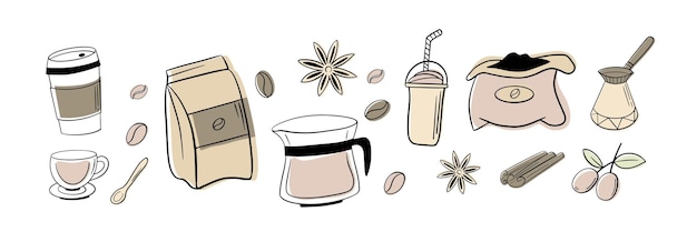 Koffie kleur hand getrokken collectie vector schets illustratie set met turk cups