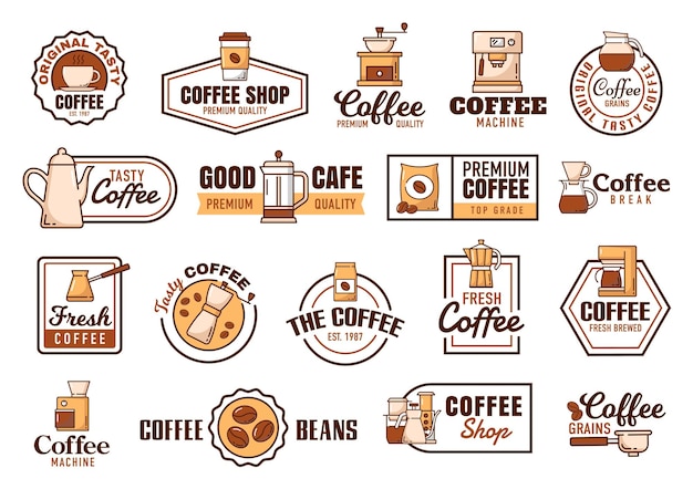 Koffie kopjes lijn pictogrammen koffiezetapparaat espresso