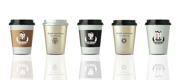 Koffie kopjes realistische set mock-up vector. ontwerplabellogo