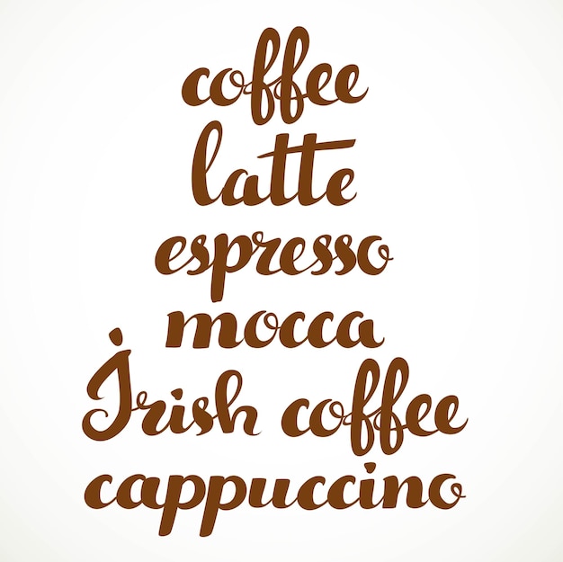 Koffie latte espresso mocca Irish coffee cappuccino kalligrafische inscriptie op een witte achtergrond