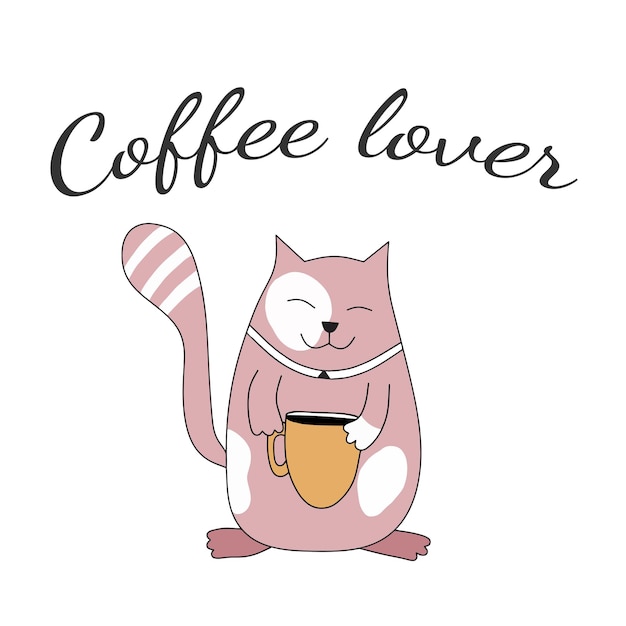Koffie liefhebber concept. Afdrukken met een kat die een kopje koffie vasthoudt