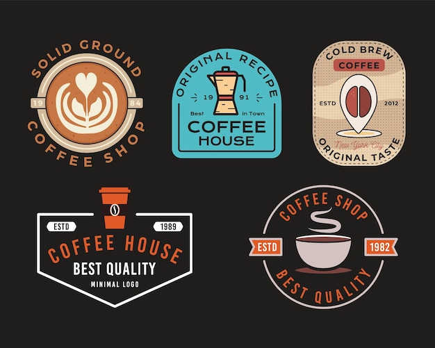 Vector koffie logos vector sjablonen instellen koffie badges ontwerp voor café restaurant koffiehuis voorraad embleem afbeeldingen op donkere achtergrond