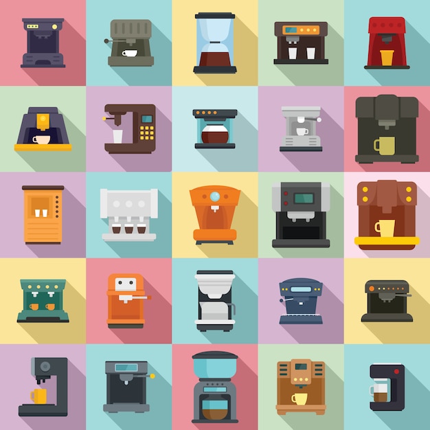 Koffie machine iconen set, vlakke stijl