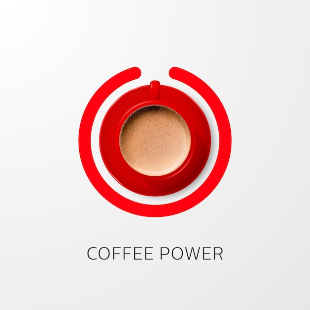 Koffie Power Concept Vector 3D-realistische rode mok met schuim melk koffie Capuccino latte schotel Banner met koffiekopje en zin over koffie ontwerpsjabloon bovenaanzicht