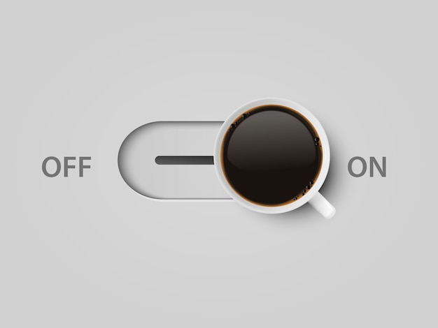 Koffie Power Vector 3D Realistisch Uit Aan Schakelaar met Koffie in Witte Mok Creatief Concept Banner met Koffiekopje Ontwerpsjabloon Bovenaanzicht