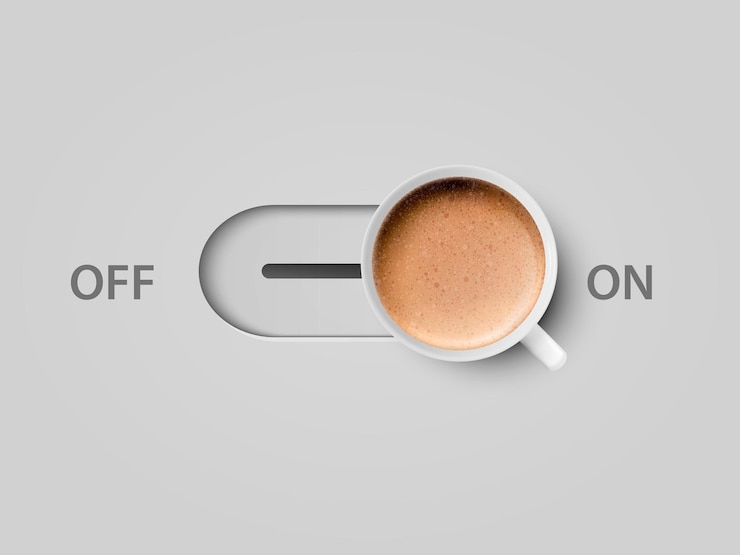 Koffie power vector d realistisch uit aan schakelaar met melkschuim koffie in witte keramische porseleinen mok c