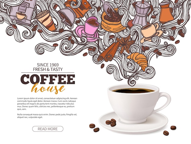 Koffie reclame banner ontwerp met 3d koffiekopje en hand getrokken doodle bonen