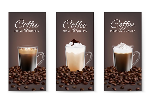 Koffie reclame flyer instellen realistische vectorillustratie