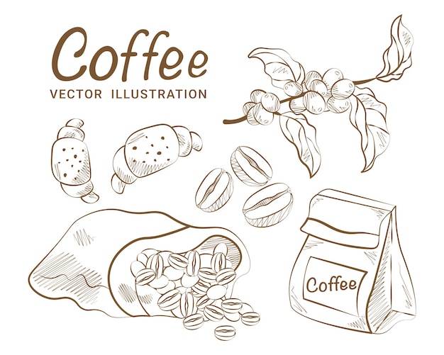 Koffie schets set hand tekenen vector koffie takken tas met koffie koffie verpakking