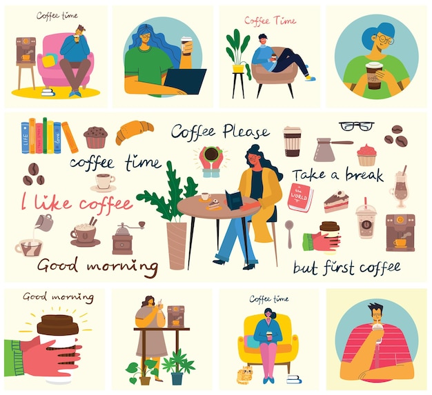 Koffie set vectorillustraties. mensen brengen hun tijd door in de cafetaria, drinken cappuccino, latte, espresso en eten desserts in de vlakke stijl