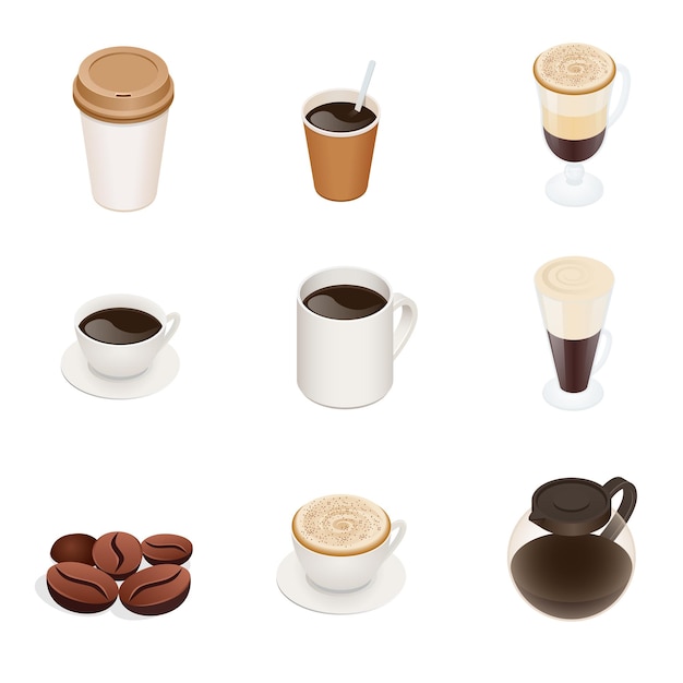 Koffie soorten. vector koffiekopje pictogrammen. grafisch concept voor websites, webbanner, mobiele apps, infographics. platte 3d isometrische vectorillustratie