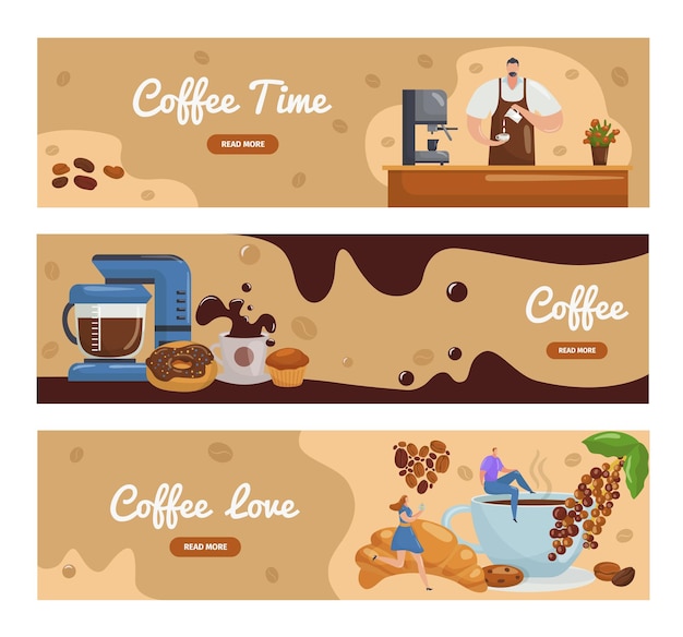 Koffie tijd banner concept vectorillustratie Mensen stripfiguur bij zakelijke ontwerp koffiepauze samen sjabloonpagina met café