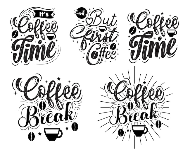 Koffie typografie hand belettering koffie citaten met schetsen voor coffeeshop