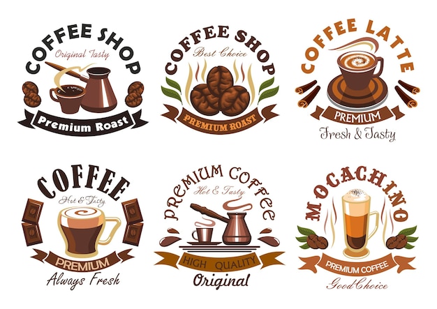 Koffie. Vector embleem voor café, coffeeshop label, uithangbord, menukaart. elementen van espresso, latte, koffiebonen, macchiato, Turks koffiezetapparaat cezve. Coffee Shop lint sticker